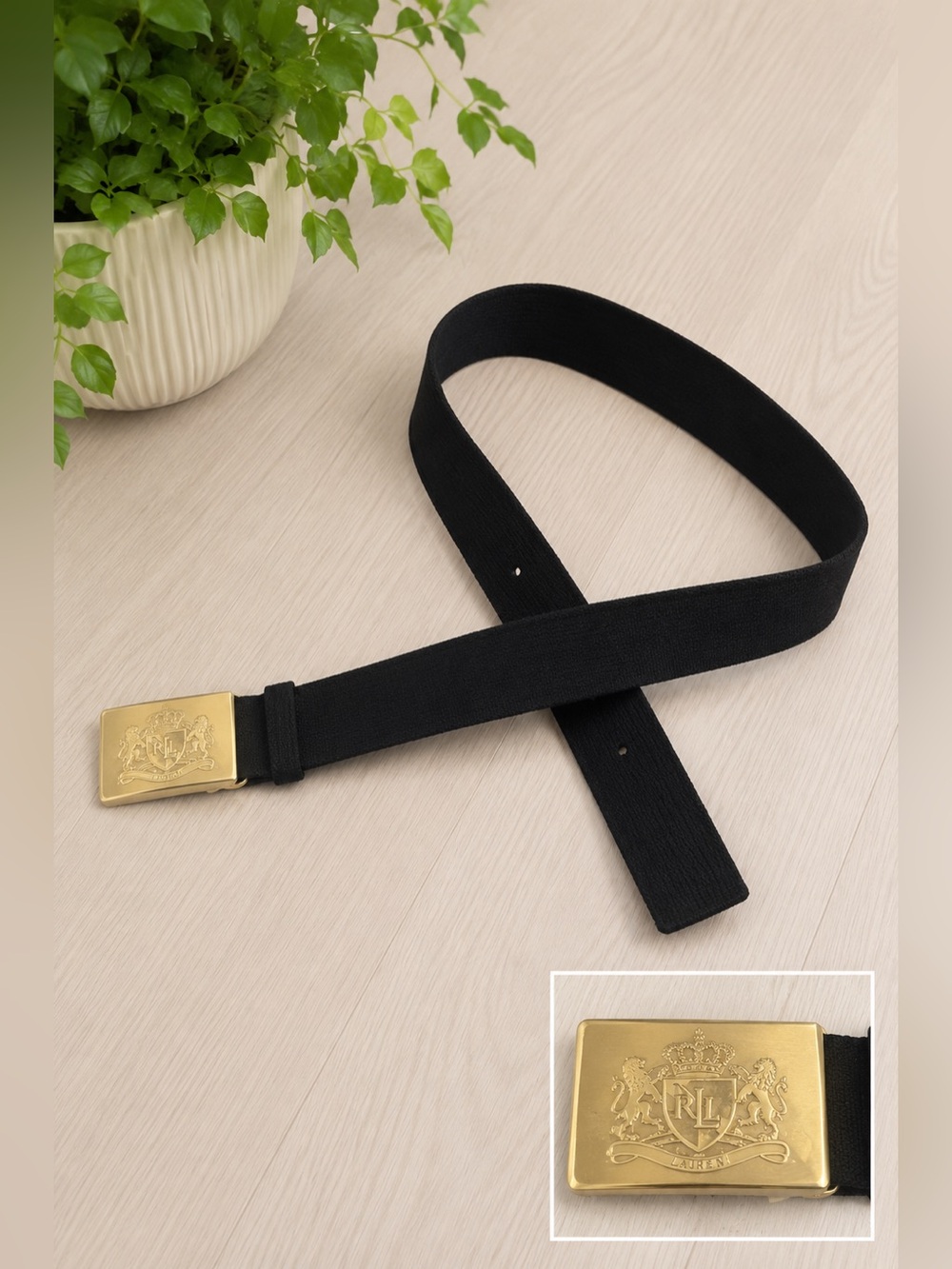 Vintage Ralph Lauren RL Crest Belt Brass‎ Buckle Canvas Web Military Preppy New